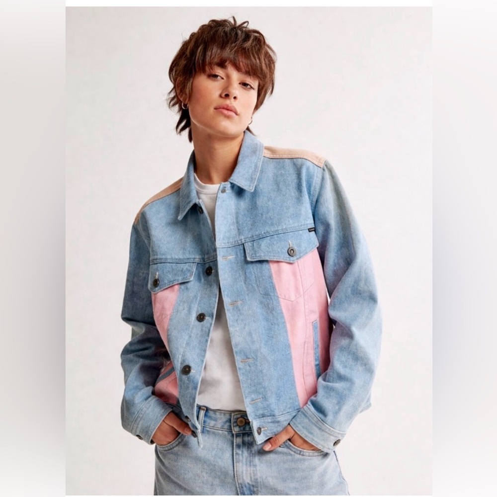 Barney Cools Colorblock Denim Jacket – oversized Blue/Pink/Tan – Size M